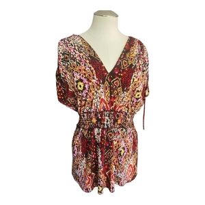 Susan Lawrence Boho Print Tunic Blouse Size M V-Neck Stretch Waist Top